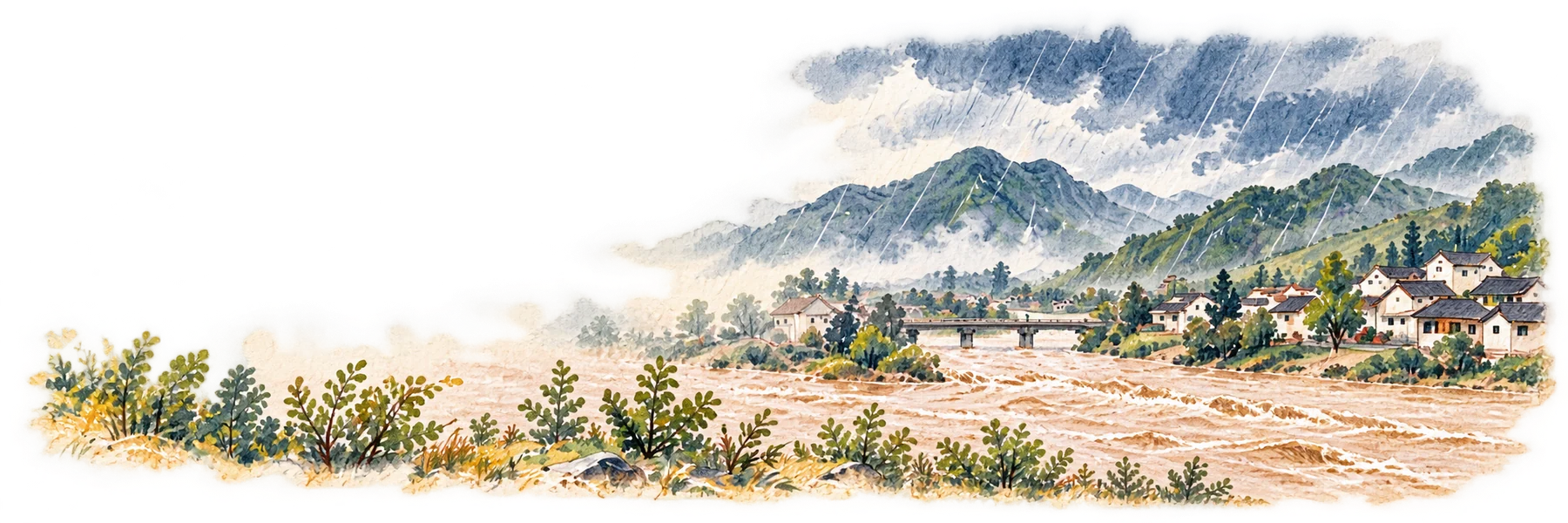 暴雨中河水上涨，沿河村镇面临洪涝的手绘教学插画。